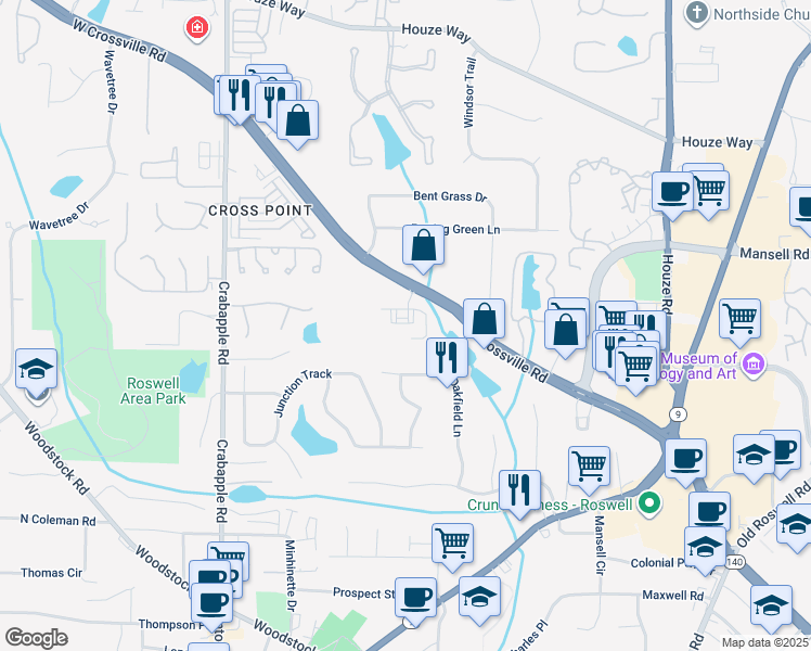 map of restaurants, bars, coffee shops, grocery stores, and more near 295 East Crossville Road in Roswell
