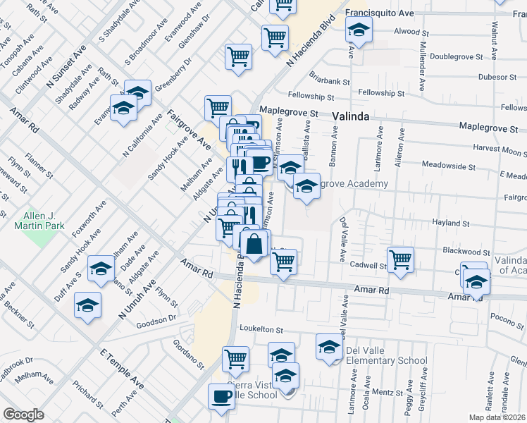map of restaurants, bars, coffee shops, grocery stores, and more near 1158 North Stimson Avenue in La Puente