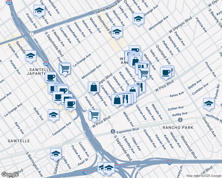 map of restaurants, bars, coffee shops, grocery stores, and more near 2243 Greenfield Avenue in Los Angeles