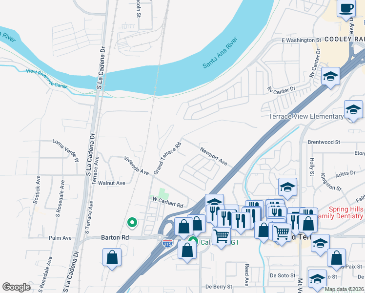 map of restaurants, bars, coffee shops, grocery stores, and more near 22009 Grand Terrace Road in Grand Terrace