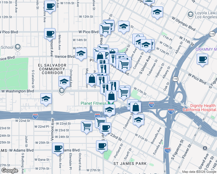 map of restaurants, bars, coffee shops, grocery stores, and more near 1826 South Bonnie Brae Street in Los Angeles