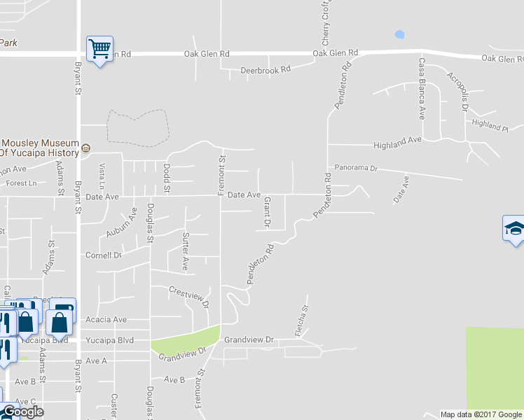map of restaurants, bars, coffee shops, grocery stores, and more near 11740 Grant Drive in Yucaipa