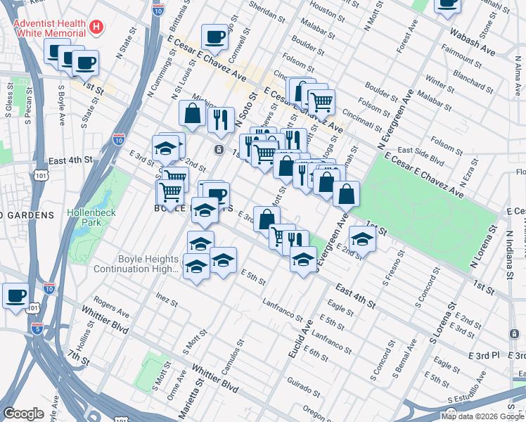 map of restaurants, bars, coffee shops, grocery stores, and more near 2626 East 2nd Street in Los Angeles