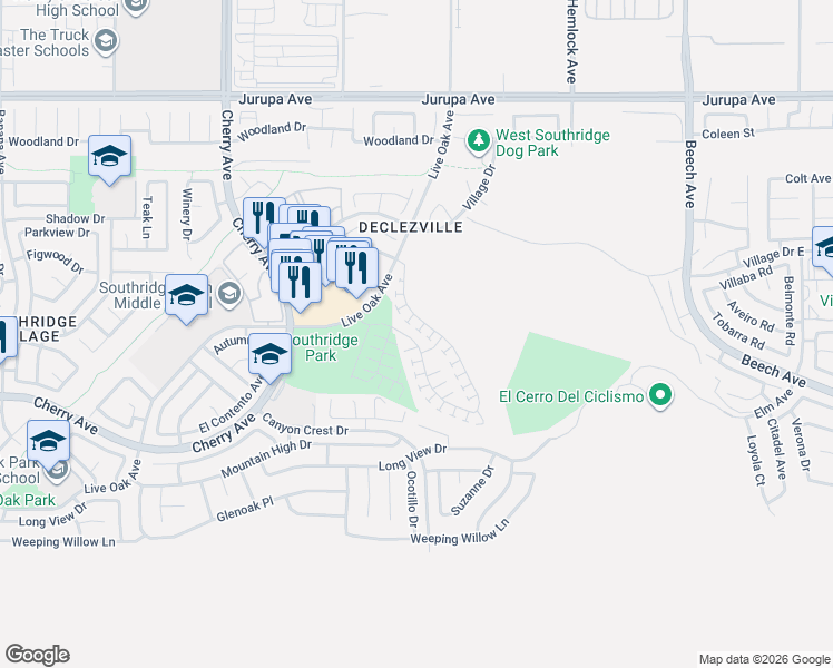 map of restaurants, bars, coffee shops, grocery stores, and more near 11625-11643 Live Oak Avenue in Fontana