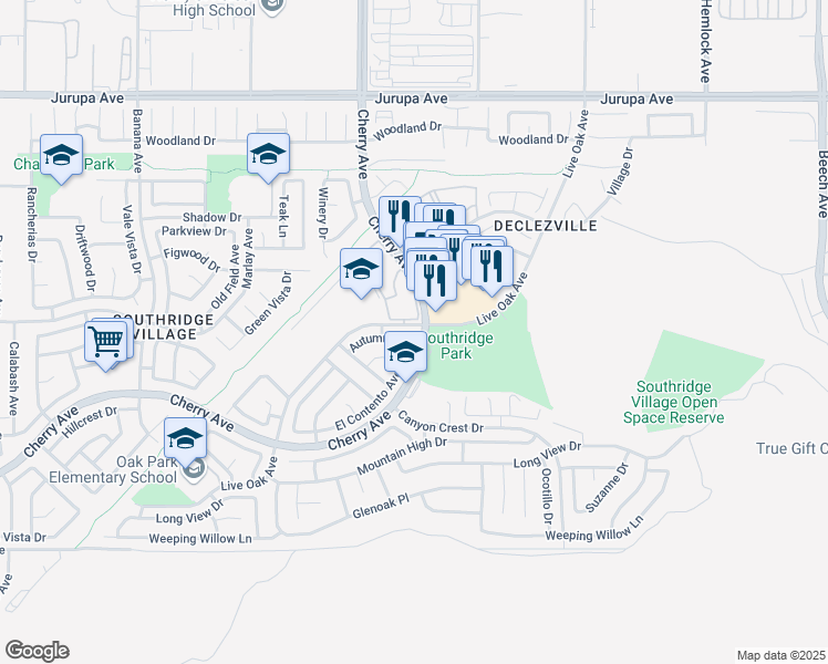 map of restaurants, bars, coffee shops, grocery stores, and more near 11650 Live Oak Avenue in Fontana