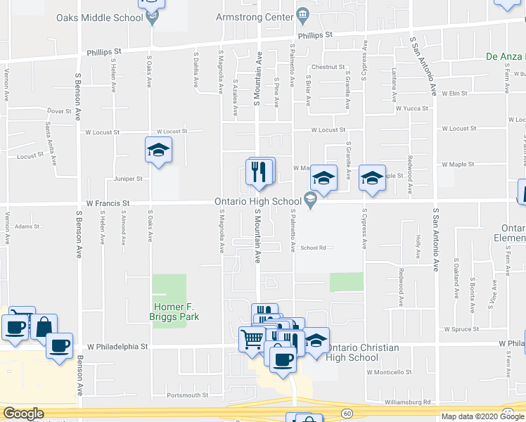 map of restaurants, bars, coffee shops, grocery stores, and more near 1034 West Francis Street in Ontario