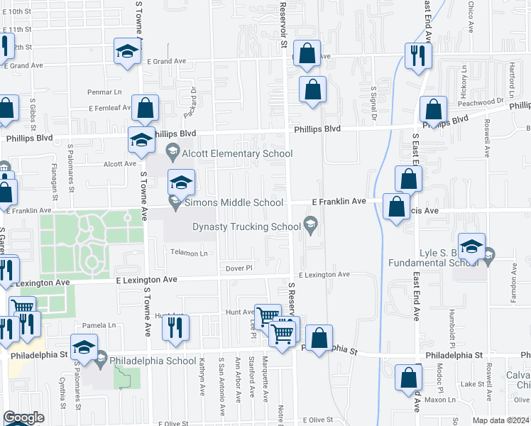 map of restaurants, bars, coffee shops, grocery stores, and more near 1108 East Franklin Avenue in Pomona