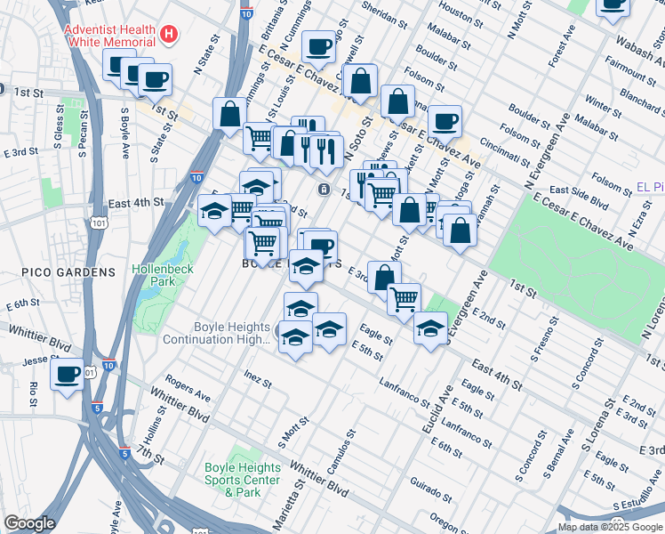 map of restaurants, bars, coffee shops, grocery stores, and more near 2422 East 3rd Street in Los Angeles