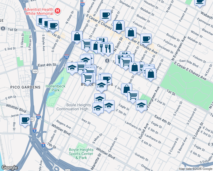 map of restaurants, bars, coffee shops, grocery stores, and more near 2422 East 3rd Street in Los Angeles