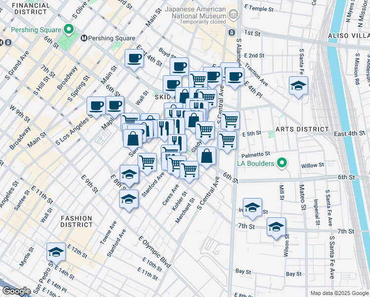 map of restaurants, bars, coffee shops, grocery stores, and more near 700 East 6th Street in Los Angeles