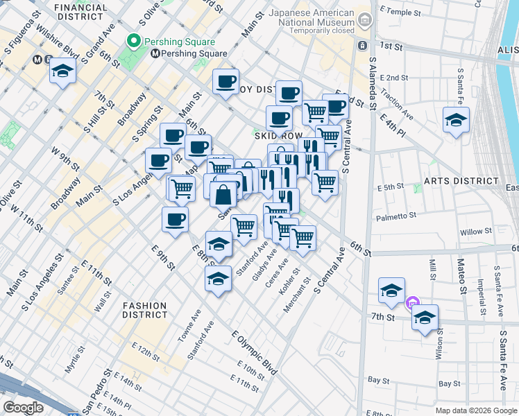 map of restaurants, bars, coffee shops, grocery stores, and more near 634 Crocker Street in Los Angeles
