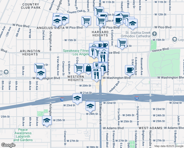 map of restaurants, bars, coffee shops, grocery stores, and more near 1830 South Saint Andrews Place in Los Angeles