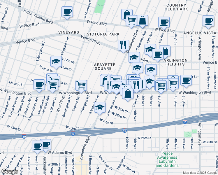 map of restaurants, bars, coffee shops, grocery stores, and more near 1835 Crenshaw Boulevard in Los Angeles