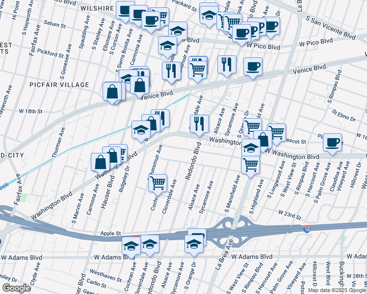 map of restaurants, bars, coffee shops, grocery stores, and more near 5200 Washington Boulevard in Los Angeles