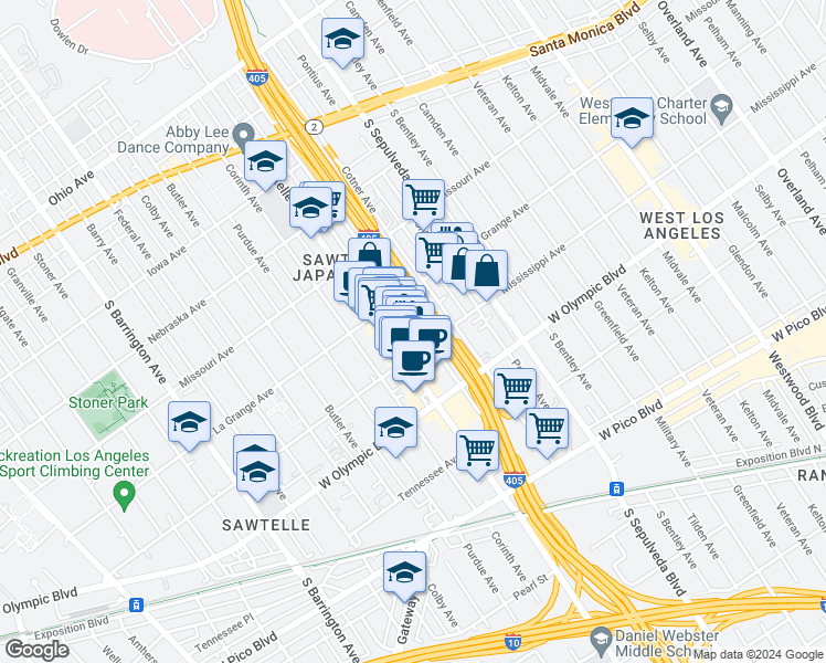map of restaurants, bars, coffee shops, grocery stores, and more near 2036 Cotner Avenue in Los Angeles