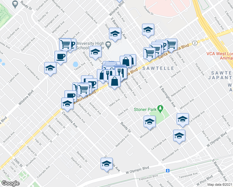 map of restaurants, bars, coffee shops, grocery stores, and more near 1530 Armacost Avenue in Los Angeles