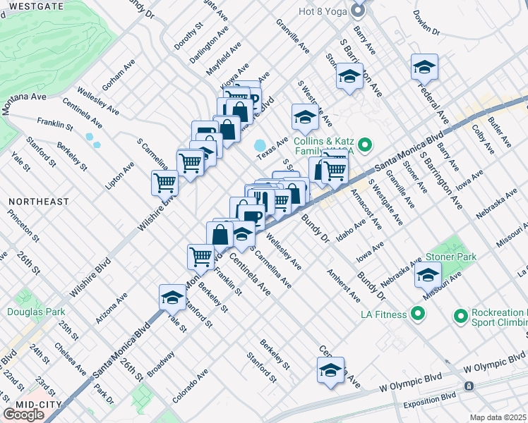map of restaurants, bars, coffee shops, grocery stores, and more near 1408 Amherst Avenue in Los Angeles