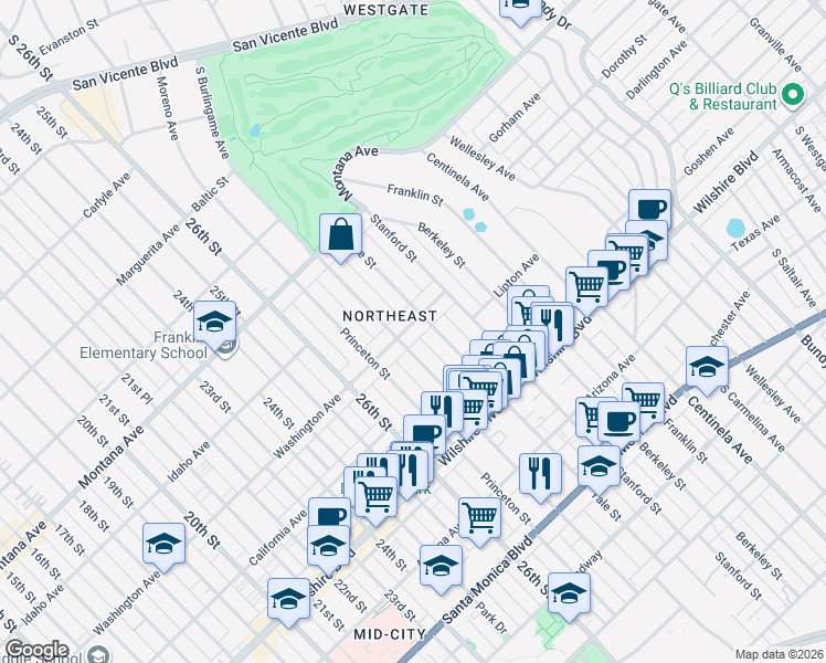 map of restaurants, bars, coffee shops, grocery stores, and more near 2908 Washington Avenue in Santa Monica