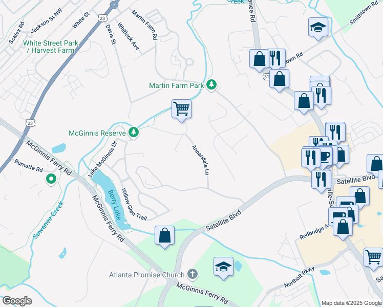 map of restaurants, bars, coffee shops, grocery stores, and more near 3835 Annandale Lane in Suwanee