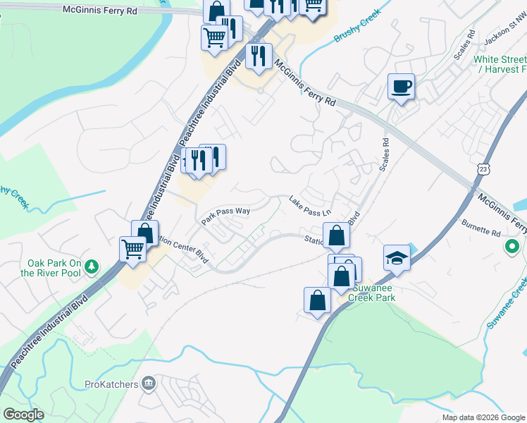 map of restaurants, bars, coffee shops, grocery stores, and more near 1222 Park Pass Way in Suwanee