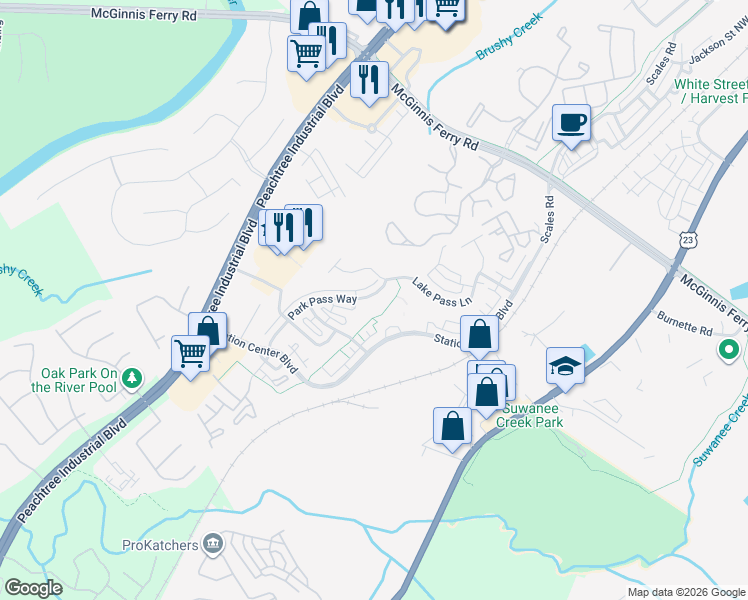 map of restaurants, bars, coffee shops, grocery stores, and more near 1224 Park Pass Way in Suwanee