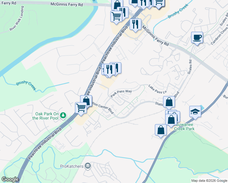 map of restaurants, bars, coffee shops, grocery stores, and more near 1285 Park Pass Way in Suwanee