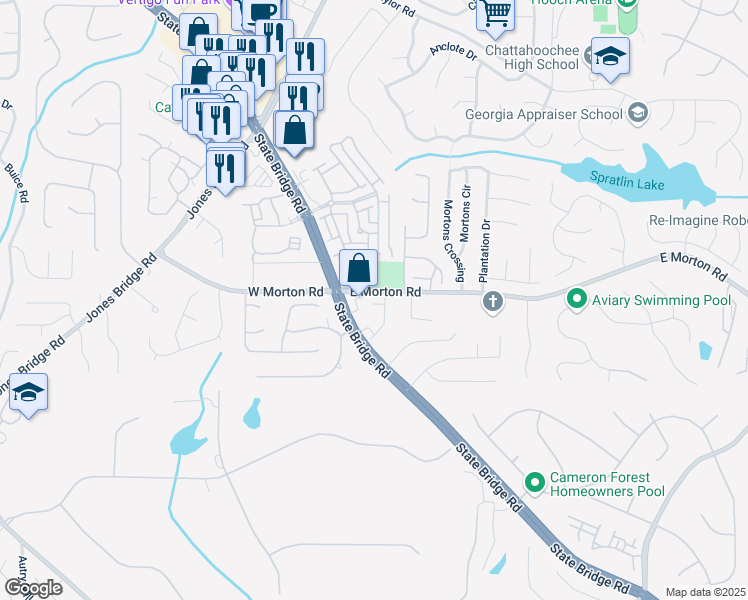 map of restaurants, bars, coffee shops, grocery stores, and more near 4858 Stratford Lane in Johns Creek