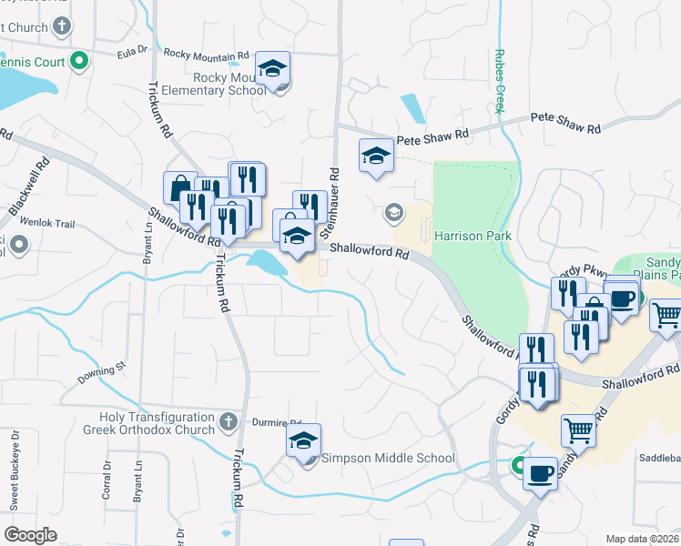 map of restaurants, bars, coffee shops, grocery stores, and more near 3436 Woodshire Crossing in Marietta
