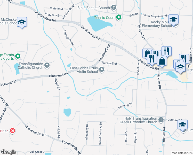 map of restaurants, bars, coffee shops, grocery stores, and more near 2060 Candlewood Court Northeast in Marietta