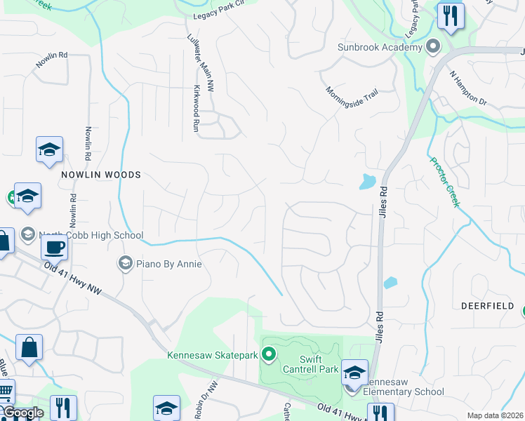 map of restaurants, bars, coffee shops, grocery stores, and more near 3149 Elmendorf Drive Northwest in Kennesaw