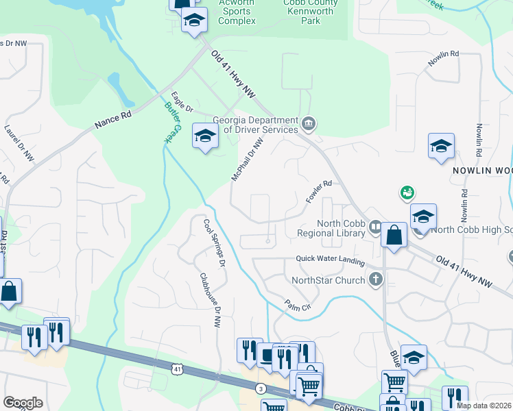 map of restaurants, bars, coffee shops, grocery stores, and more near 3529 Vicky Circle Northwest in Kennesaw