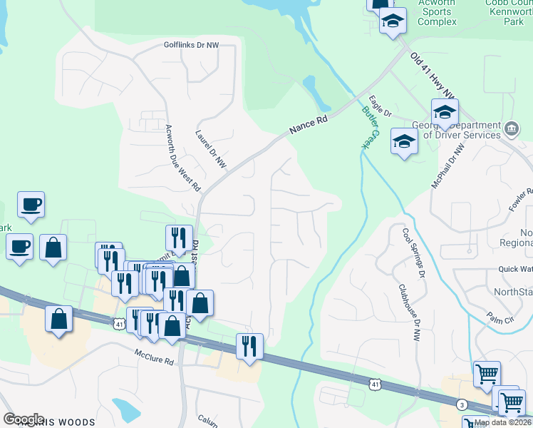 map of restaurants, bars, coffee shops, grocery stores, and more near 424 Darter Drive Northwest in Kennesaw