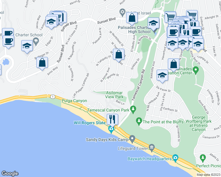 map of restaurants, bars, coffee shops, grocery stores, and more near 15921 Asilomar Boulevard in Los Angeles