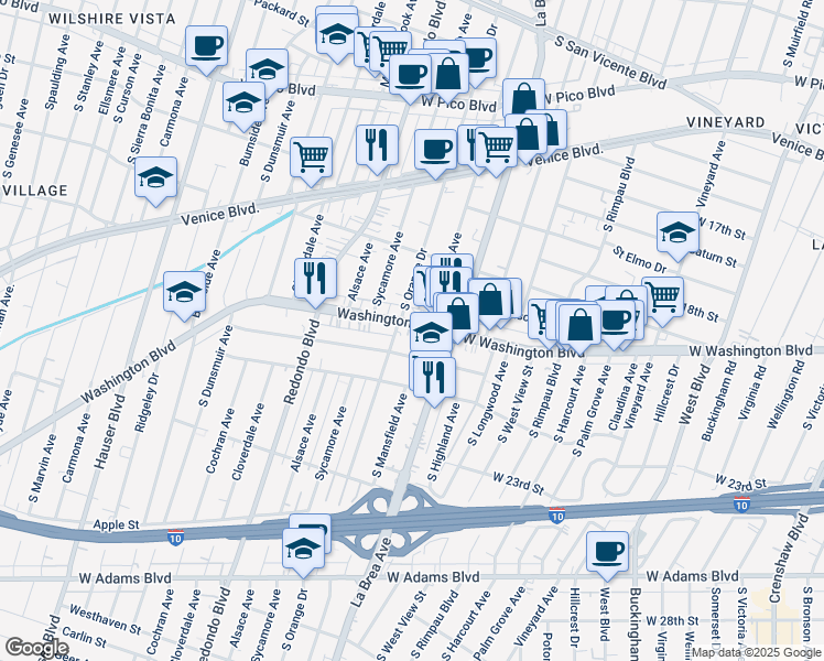 map of restaurants, bars, coffee shops, grocery stores, and more near 1863 South Mansfield Avenue in Los Angeles