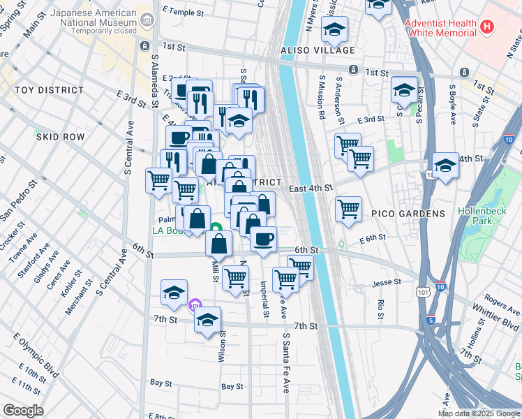 map of restaurants, bars, coffee shops, grocery stores, and more near South Santa Fe Avenue in Los Angeles