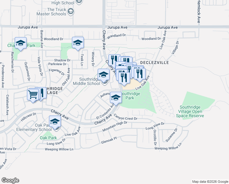 map of restaurants, bars, coffee shops, grocery stores, and more near 14544 Autumn Place in Fontana