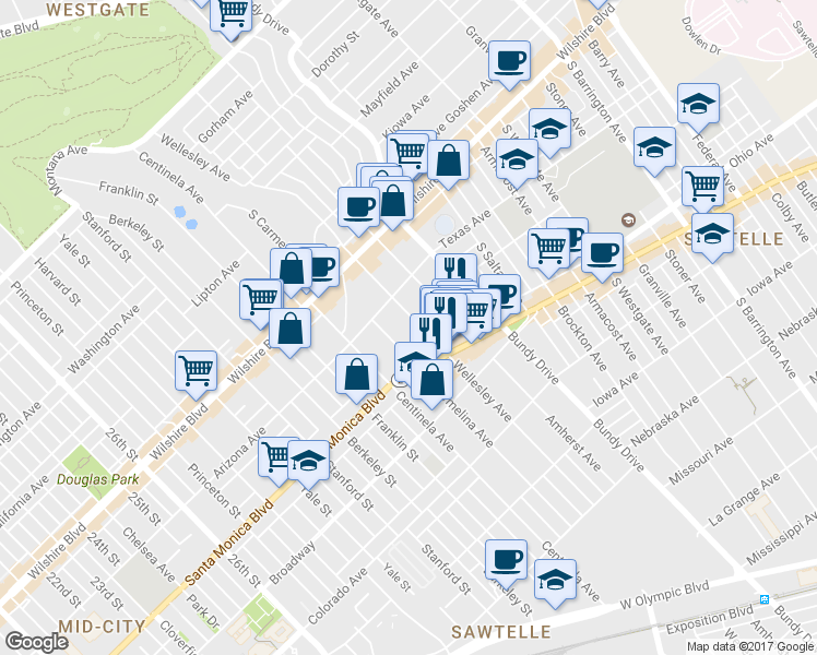 map of restaurants, bars, coffee shops, grocery stores, and more near 1337 Wellesley Avenue in Los Angeles