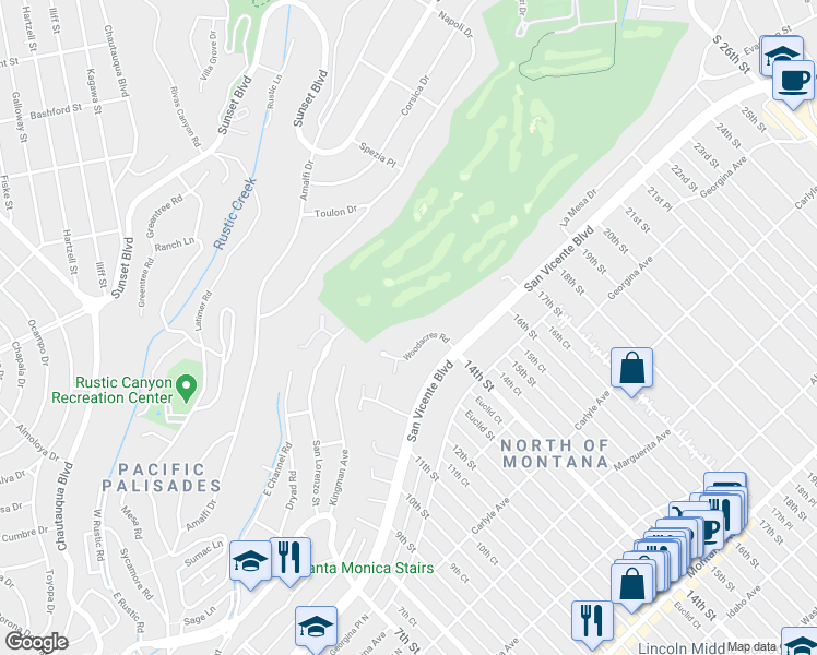 map of restaurants, bars, coffee shops, grocery stores, and more near 859 Woodacres Road in Santa Monica