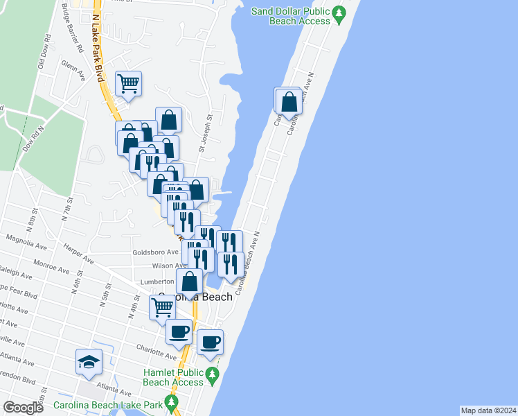 map of restaurants, bars, coffee shops, grocery stores, and more near 3 Sea Gull Lane in Carolina Beach