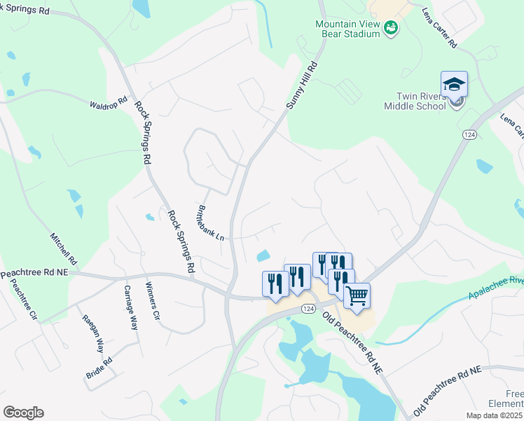 map of restaurants, bars, coffee shops, grocery stores, and more near 2101 Adam Acres Drive in Buford