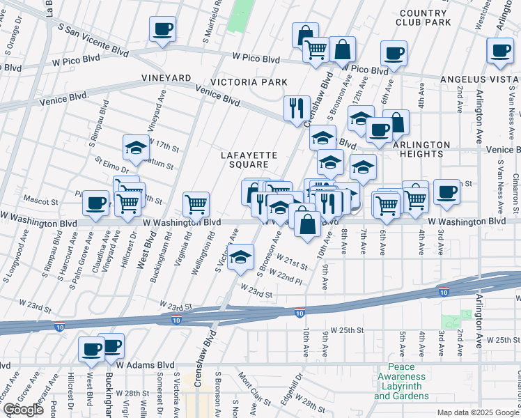 map of restaurants, bars, coffee shops, grocery stores, and more near 1835 Crenshaw Boulevard in Los Angeles