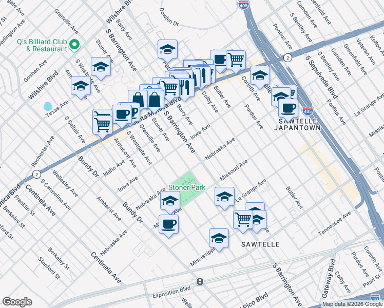 map of restaurants, bars, coffee shops, grocery stores, and more near 1733 South Barrington Avenue in Los Angeles