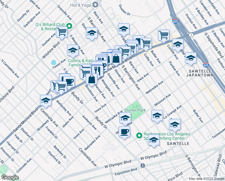 map of restaurants, bars, coffee shops, grocery stores, and more near 1616 South Westgate Avenue in Los Angeles