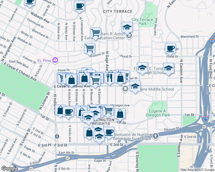 map of restaurants, bars, coffee shops, grocery stores, and more near East Cesar E Chavez Avenue & North Gage Avenue in East Los Angeles