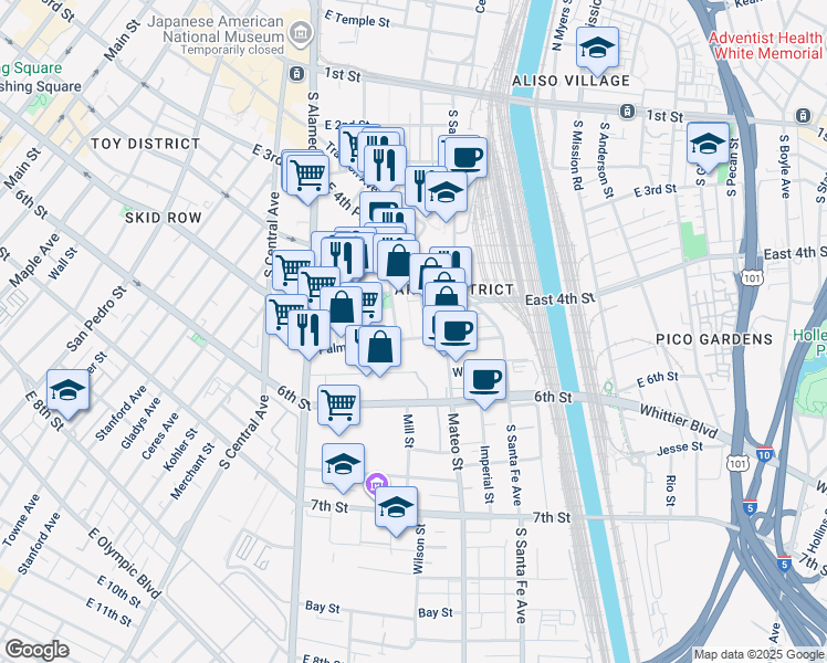 map of restaurants, bars, coffee shops, grocery stores, and more near 527 Molino Street in Los Angeles