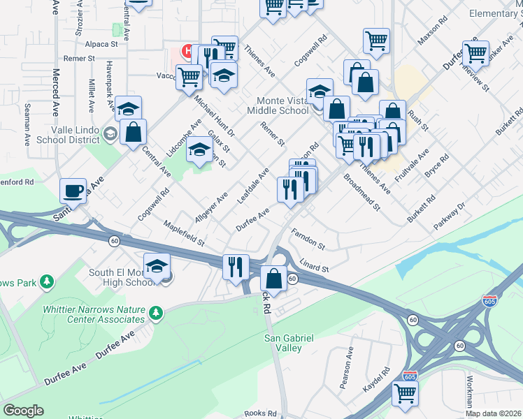 map of restaurants, bars, coffee shops, grocery stores, and more near 1511 Durfee Avenue in South El Monte