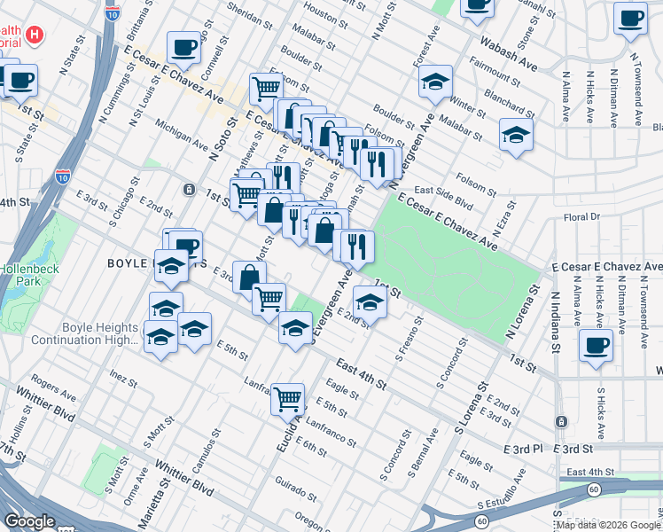 map of restaurants, bars, coffee shops, grocery stores, and more near 2900 1st Street in Los Angeles