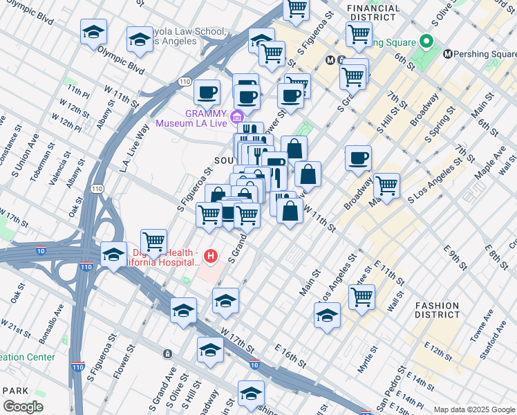 map of restaurants, bars, coffee shops, grocery stores, and more near 1155 South Grand Avenue in Los Angeles