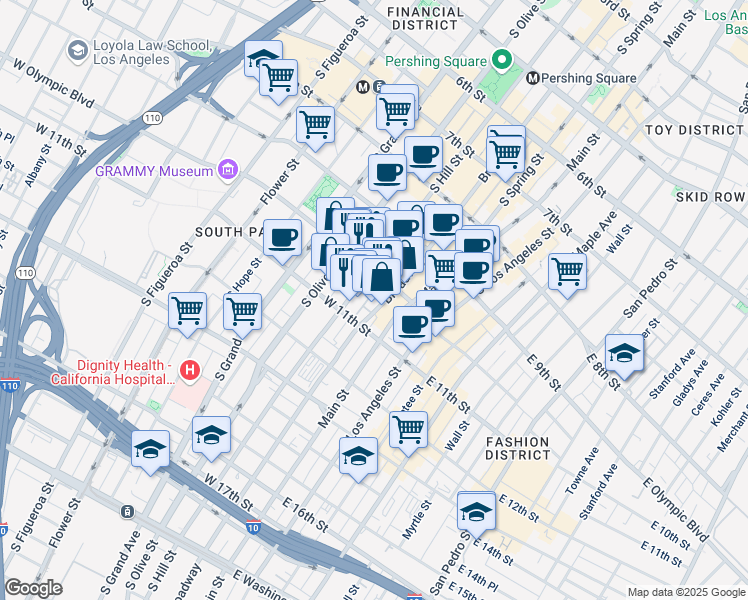 map of restaurants, bars, coffee shops, grocery stores, and more near 1031 South Broadway in Los Angeles