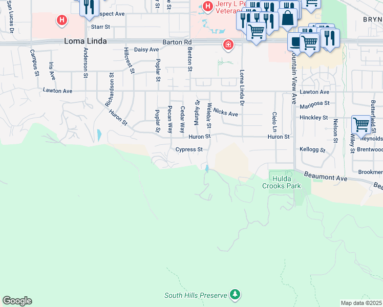 map of restaurants, bars, coffee shops, grocery stores, and more near 11751 Almond Court in Loma Linda